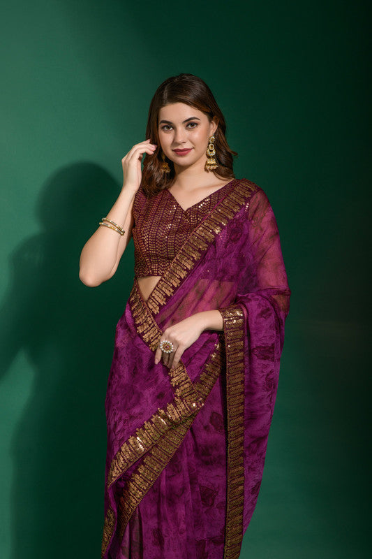 Jyoti Fashion Women's Wine Sequence Embroidery Chiffon Saree with Blouse | Swadesiicart