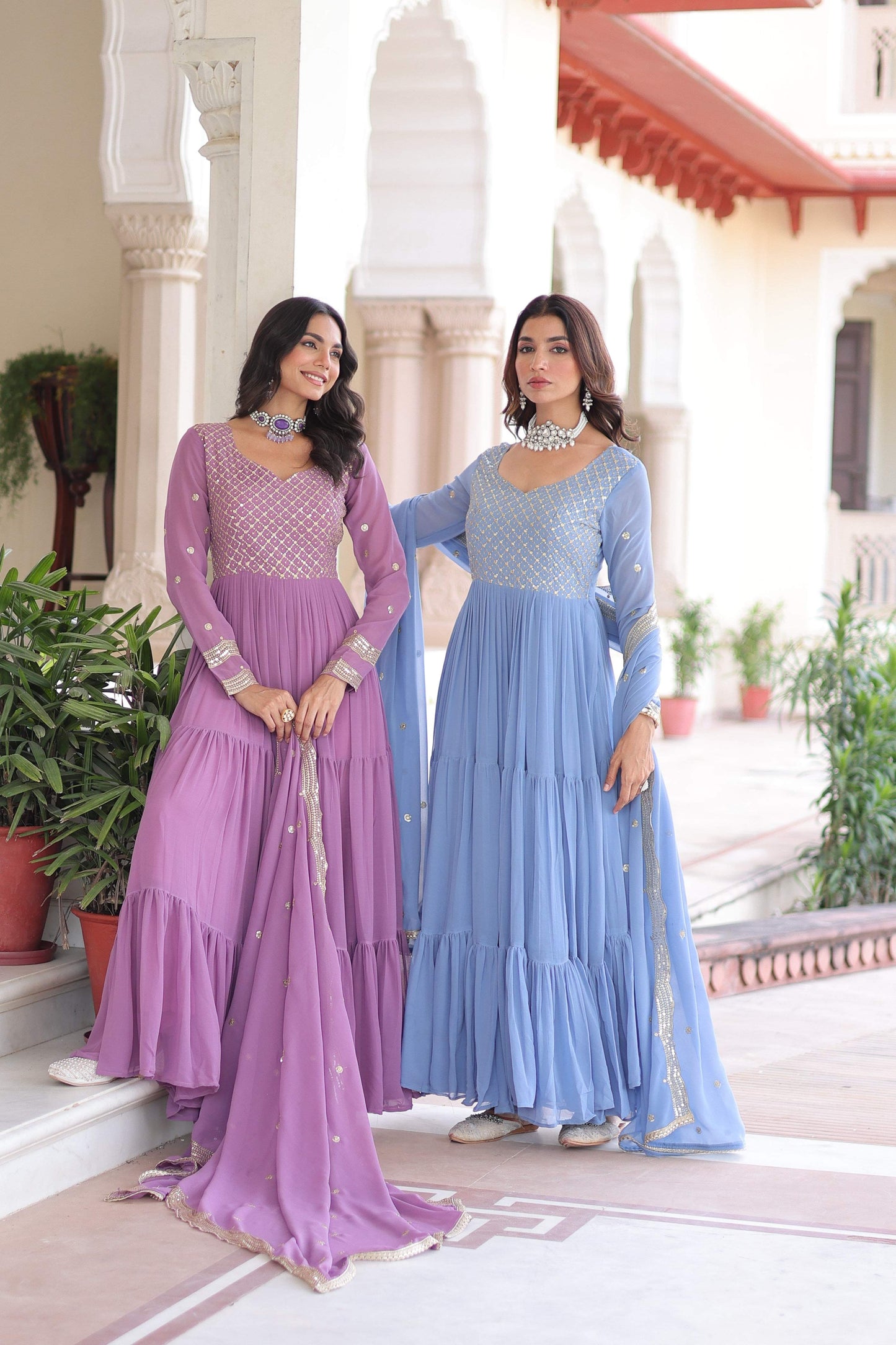 Jyoti Fashion Women's Purple & Sky Blue Faux Georgette Embroidered Combo Anarkali Set With Dupatta | Swadesiicart