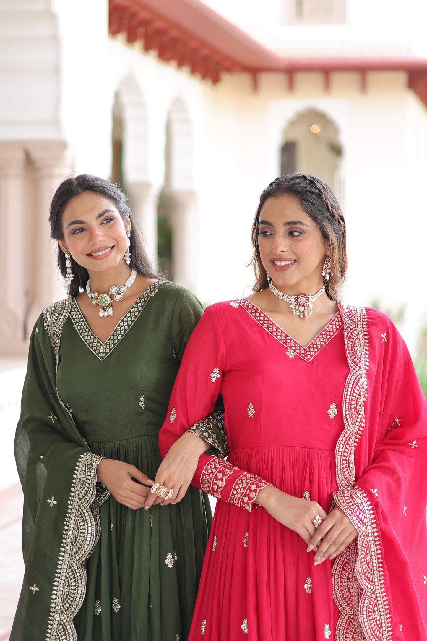 Jyoti Fashion Women's Green & Pink Vichitra Silk Embroidered Combo Anarkali Set With Dupatta | Swadesiicart