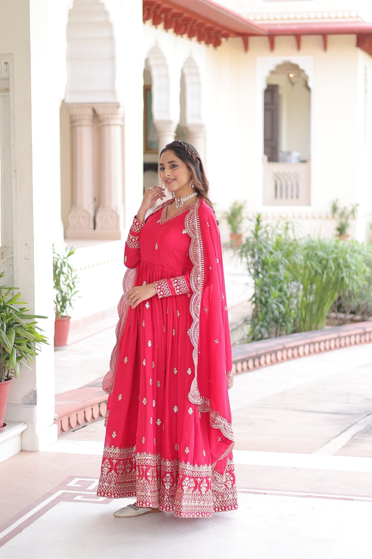 Jyoti Fashion Women's Pink Vichitra Silk Sequins Zari Embroidered Anarkali Set With Dupatta | Swadesiicart