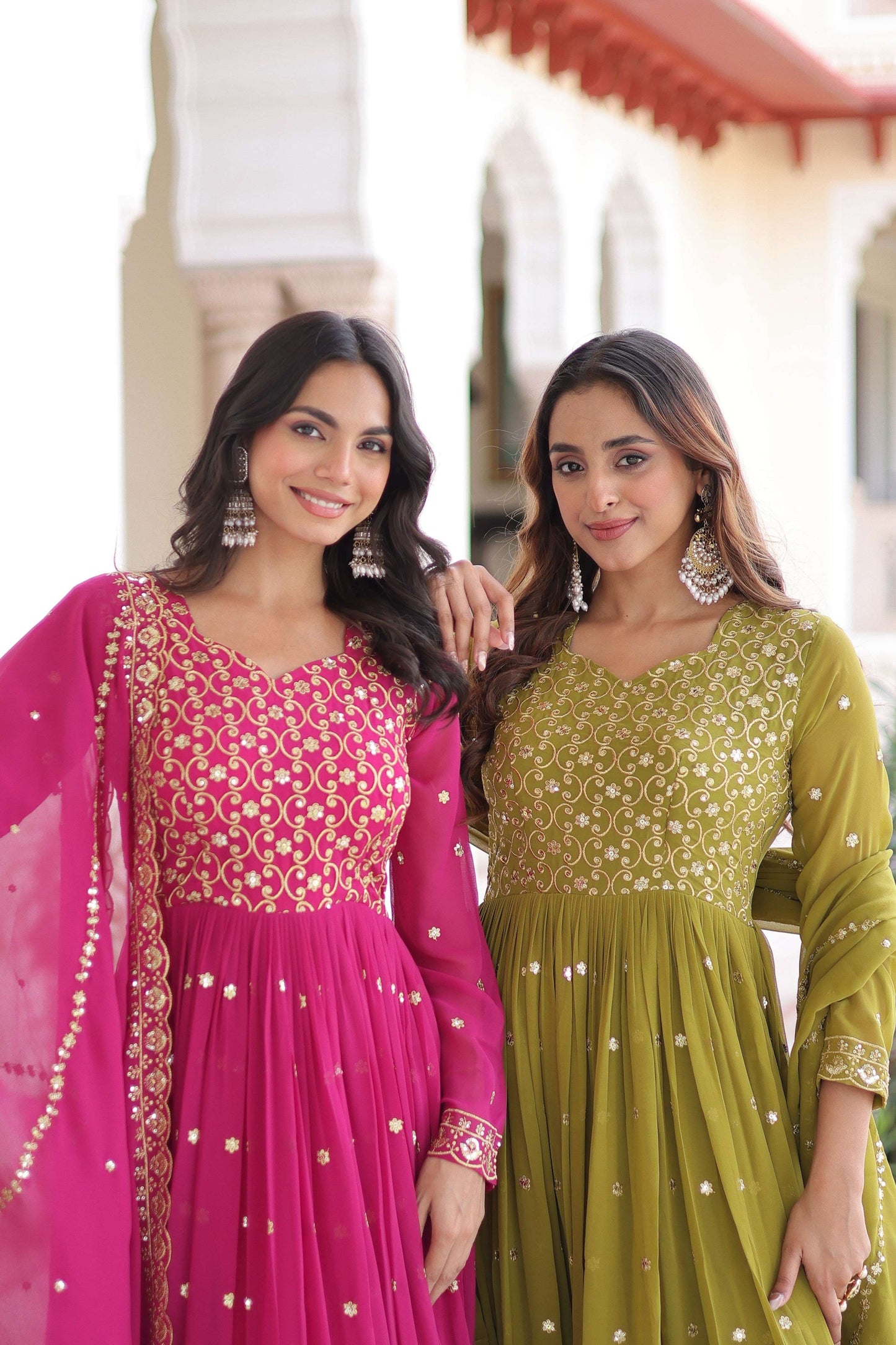 Jyoti Fashion Women's Pink & Parrot Green Faux Georgette Embroidered Combo Anarkali Set With Dupatta | Swadesiicart