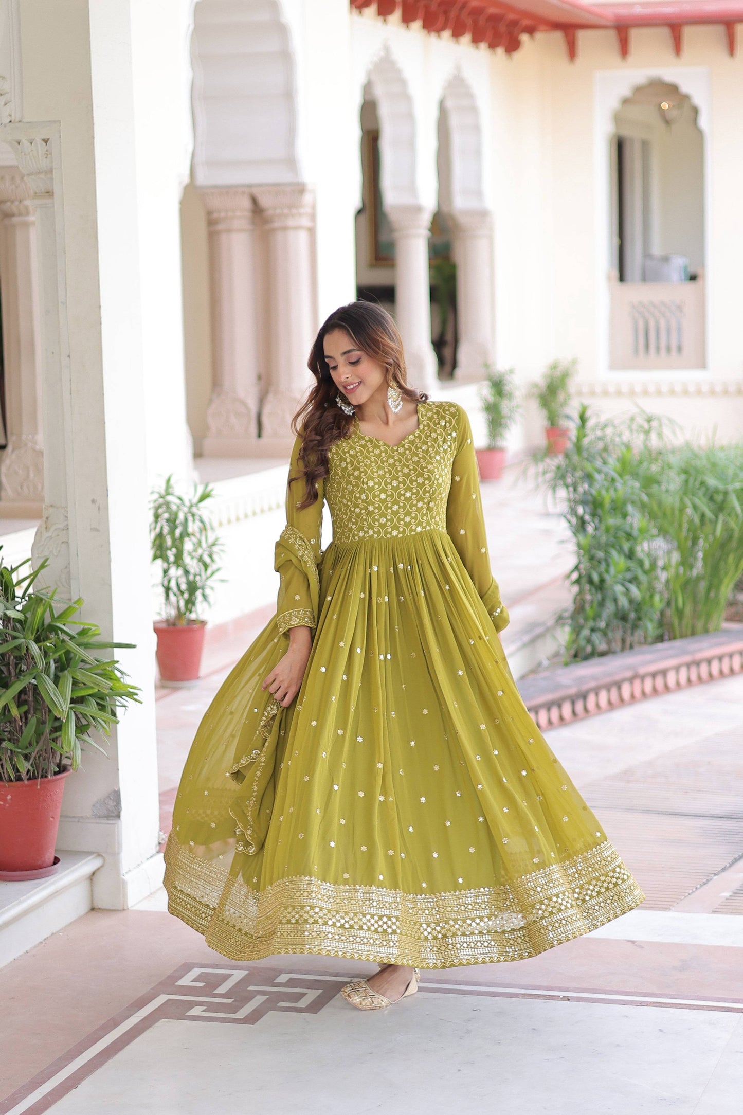 Jyoti Fashion Women's Parrot Green Faux Georgette Sequins Zari Embroidered Anarkali Set With Dupatta | Swadesiicart