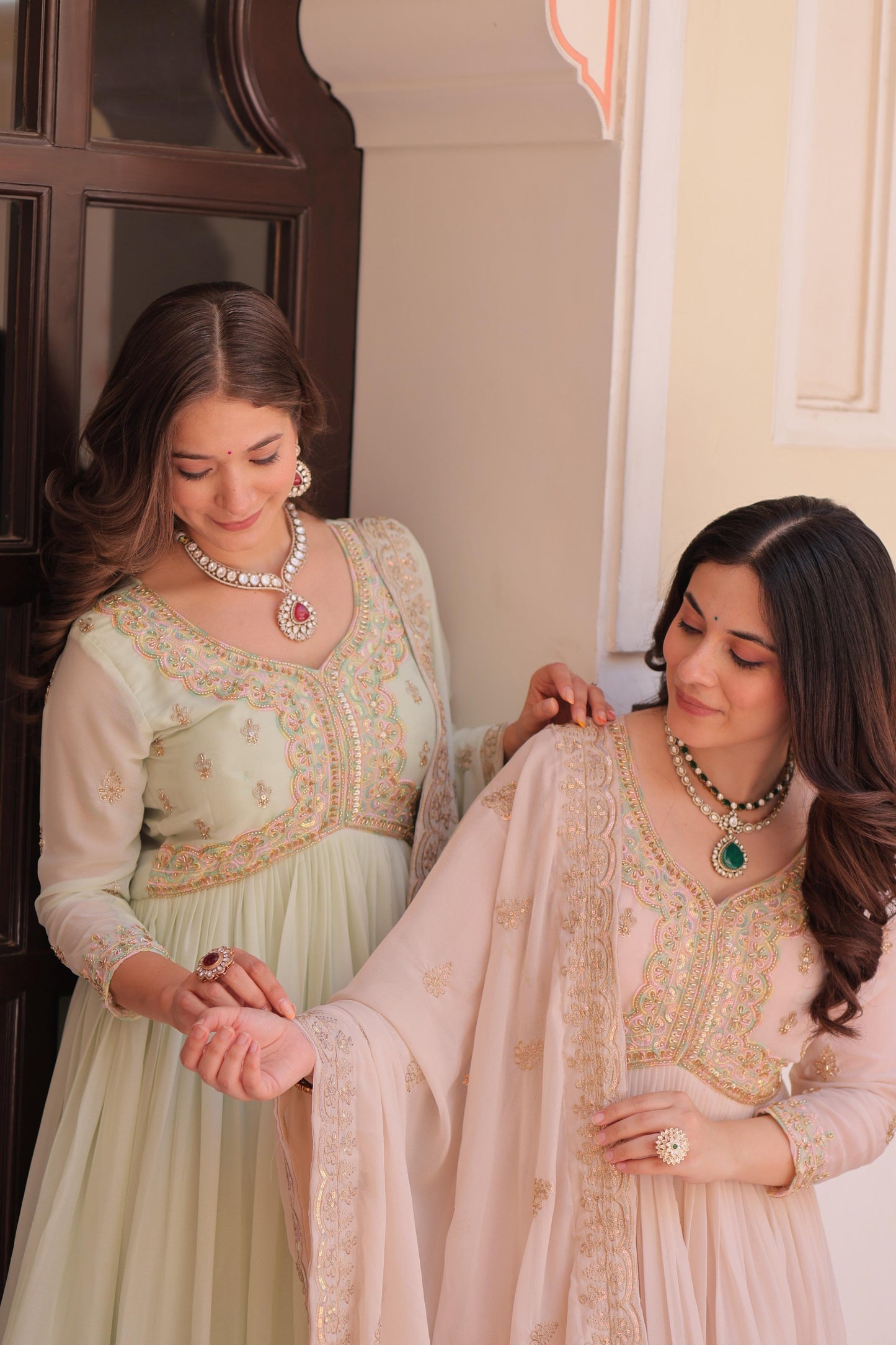 Jyoti Fashion Women's Pista Green & Beige Star Georgette Embroidered Combo Anarkali Set With Dupatta | Swadesiicart