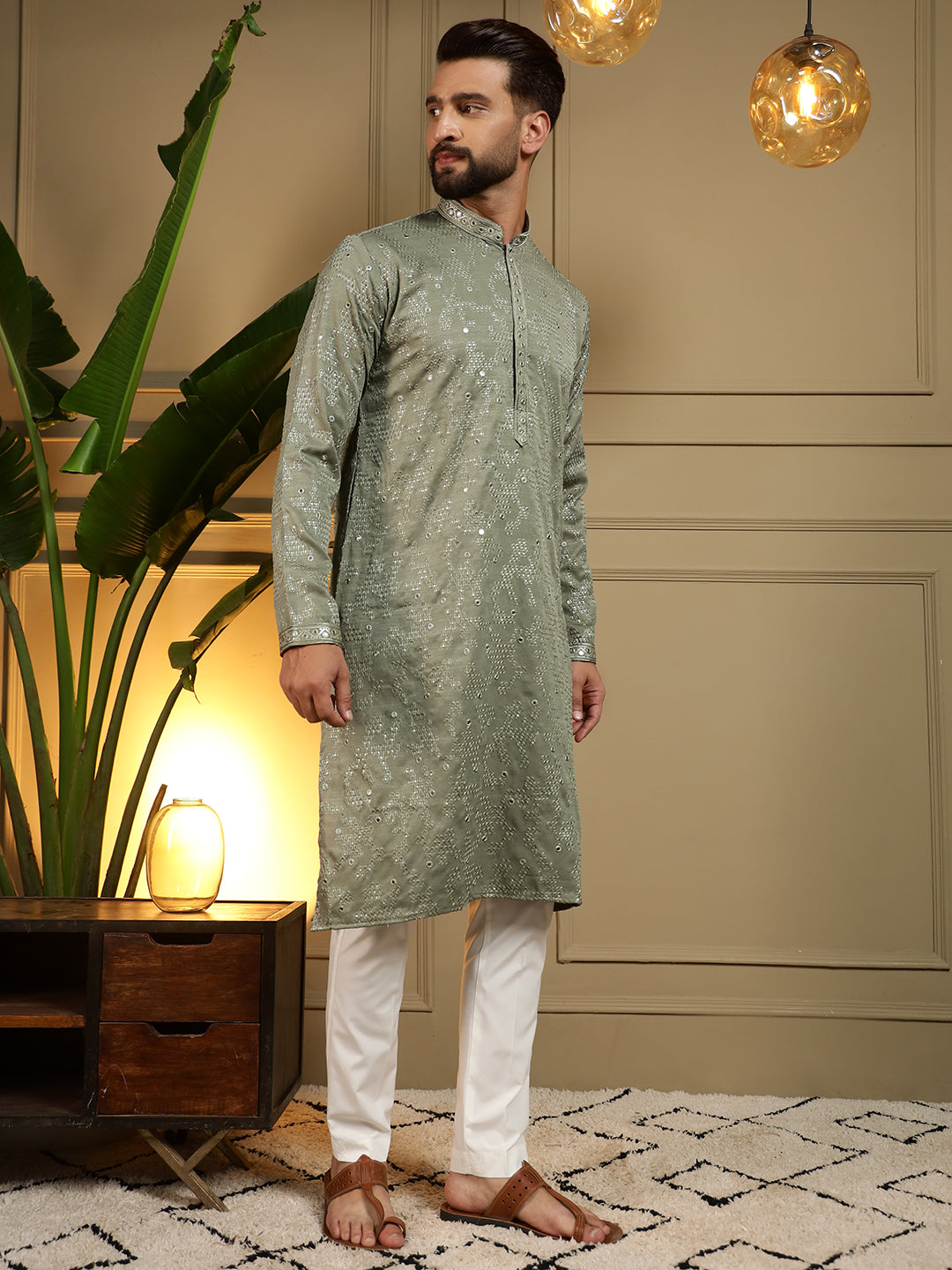 Jyoti Fashion Men's Green Mirror Embroidery Kurta with Pajama | Swadesiicart