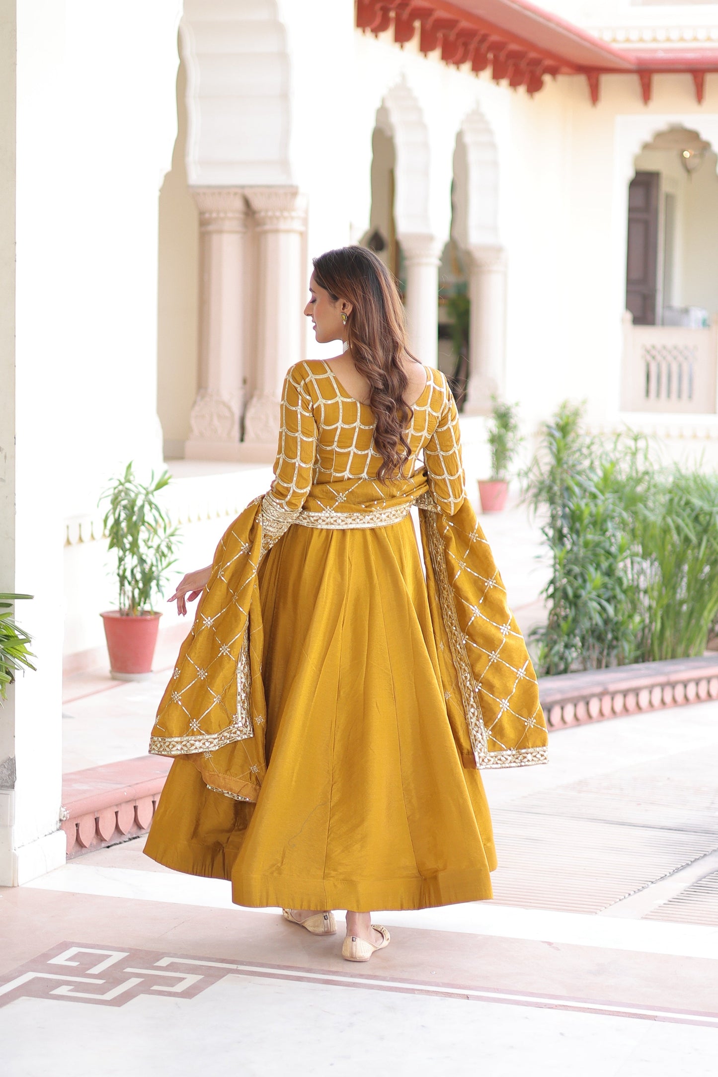 Jyoti Fashion Women's Yellow Vichitra Silk Sequins Zari Embroidered Anarkali Set With Dupatta | Swadesiicart