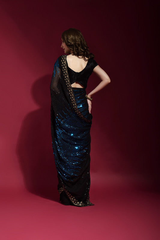 Jyoti Fashion Women's Blue Sequence Embroidery Georgette Saree with Blouse | Swadesiicart