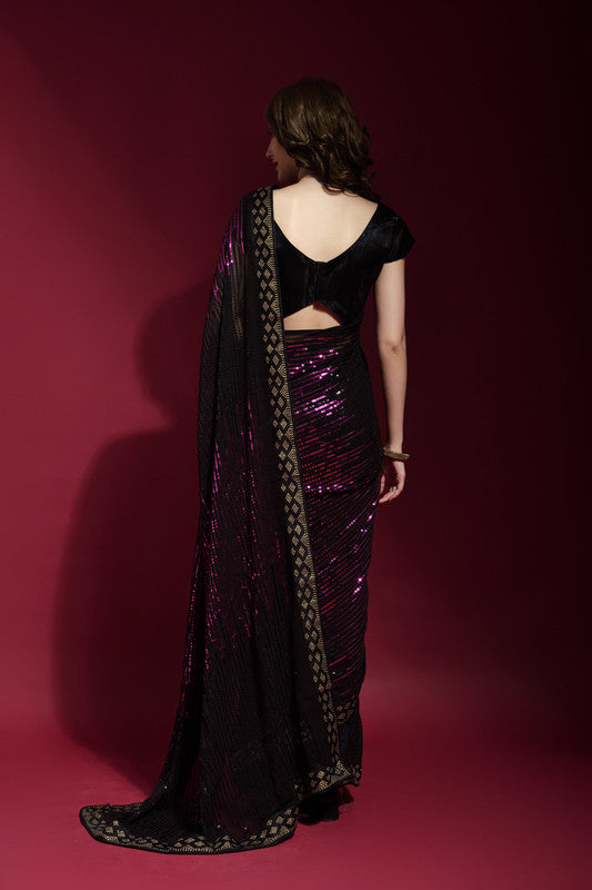 Jyoti Fashion Women's Wine Sequence Embroidery Georgette Saree with Blouse | Swadesiicart