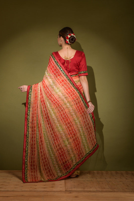 Jyoti Fashion Women's Red Foil Print with Sequence Georgette Saree with Blouse | Swadesiicart