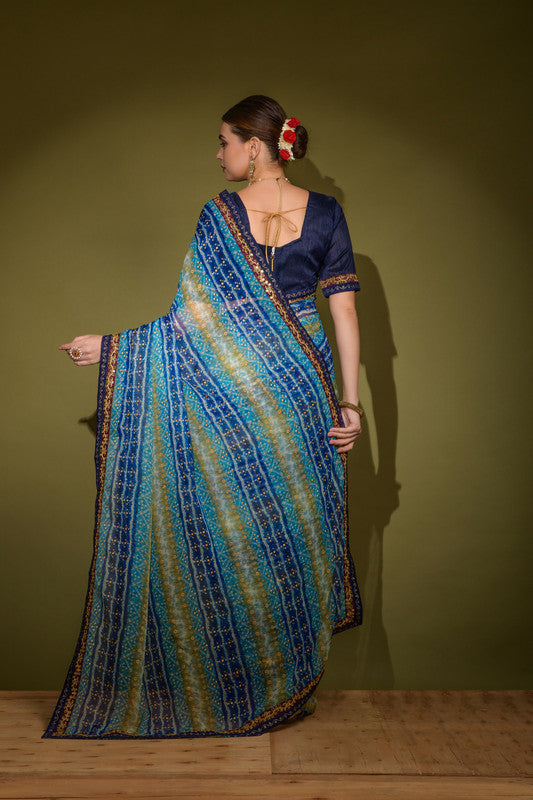 Jyoti Fashion Women's Blue Foil Print with Sequence Georgette Saree with Blouse | Swadesiicart