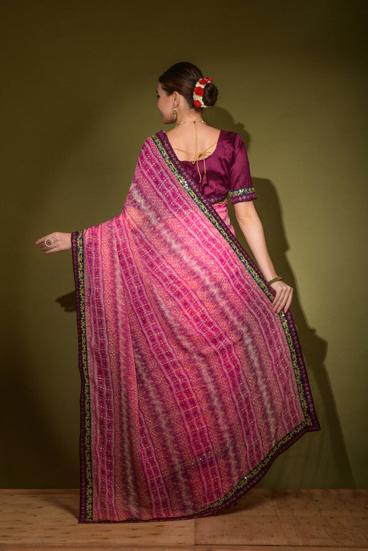 Jyoti Fashion Women's Pink Foil Print with Sequence Georgette Saree with Blouse | Swadesiicart