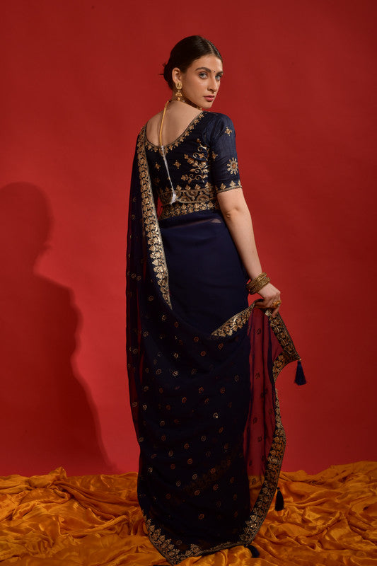 Jyoti Fashion Women's Navy Blue Sequence Coding Embroidery Georgette Saree with Blouse | Swadesiicart
