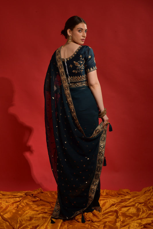 Jyoti Fashion Women's Morpich Sequence Coding Embroidery Georgette Saree with Blouse | Swadesiicart