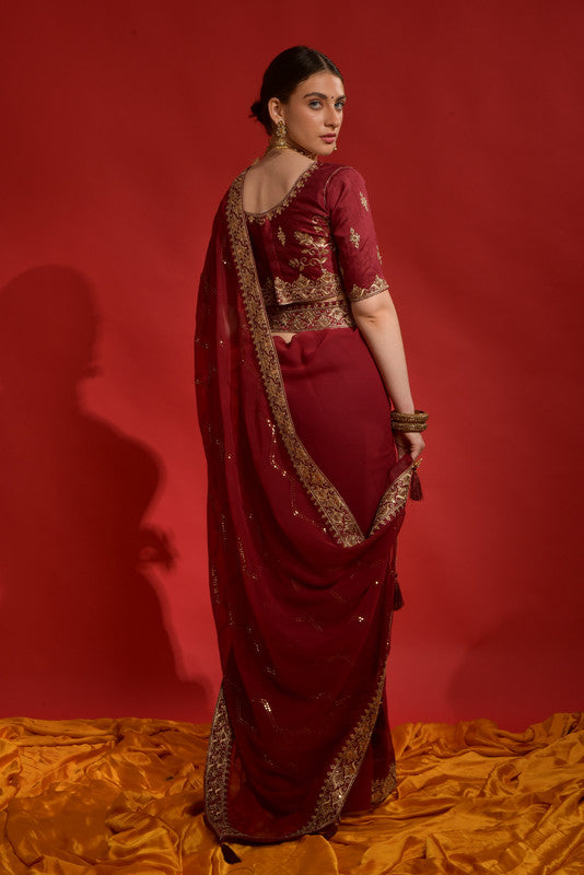 Jyoti Fashion Women's Maroon Sequence Coding Embroidery Georgette Saree with Blouse | Swadesiicart