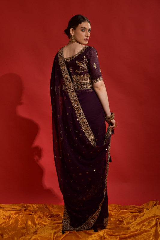 Jyoti Fashion Women's Wine Sequence Coding Embroidery Georgette Saree with Blouse | Swadesiicart