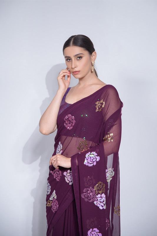Jyoti Fashion Women's Wine Sequence Georgette Saree with Blouse | Swadesiicart