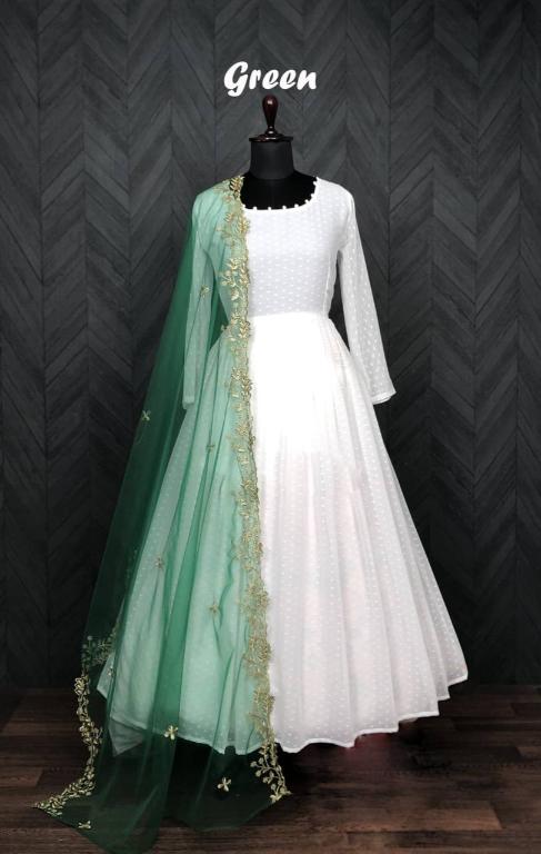 Jyoti Fashion Women's White Faux Georgette Butti work Anarkali Dress with Dupatta