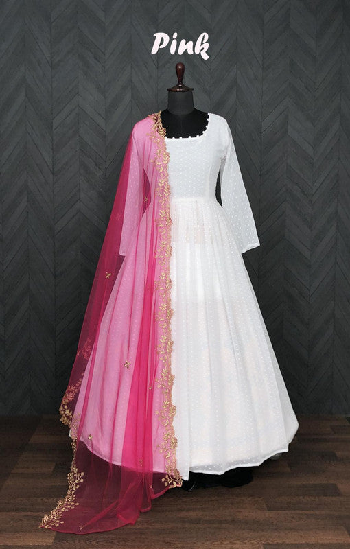 Jyoti Fashion Women's White Faux Georgette Butti work Anarkali Dress with Dupatta | Swadesiicart