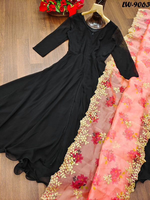 Jyoti Fashion Women's Black Faux Blooming Partywear Anarkali Dress with Dupatta | Swadesiicart