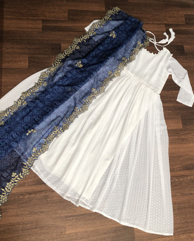 Jyoti Fashion Women's White Georgette Butti work Partywear Anarkali Dress with Dupatta | Swadesiicart