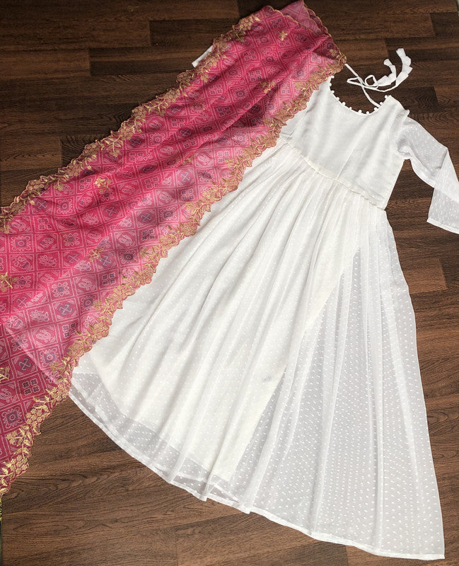 Jyoti Fashion Women's White Georgette Butti work Partywear Anarkali Dress with Pink Dupatta | Swadesiicart