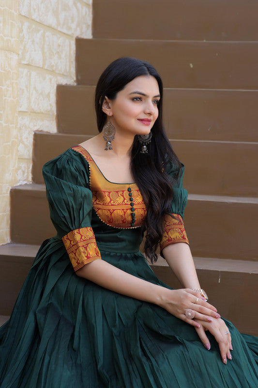 Jyoti Fashion Women's Green Silk Jacquard Weaving Festive Anarkali Dress | Swadesiicart