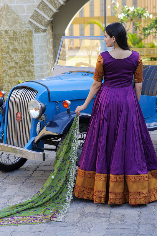 Jyoti Fashion Women's Purple Silk Jacquard Weaving with Embroidery Work Anarkali Dress with Dupatta | Swadesiicart