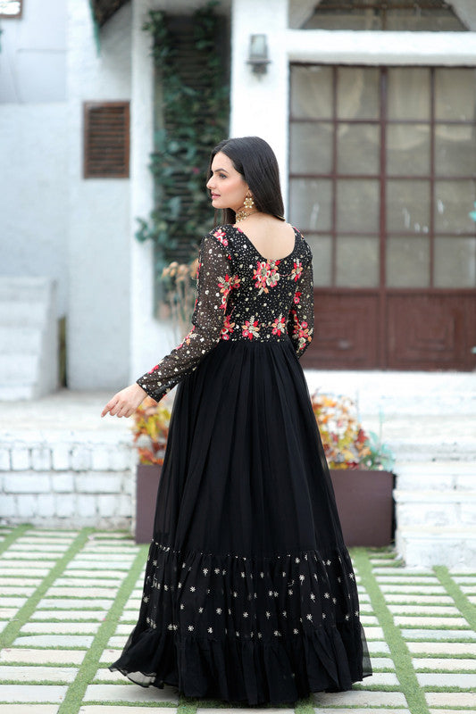 Jyoti Fashion Women's Black Faux Blooming Sequins with Multi Thread Embroidered Anarkali Dress