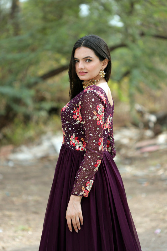 Jyoti Fashion Women's Wine Faux Blooming Sequins with Multi Thread Embroidered Anarkali Dress