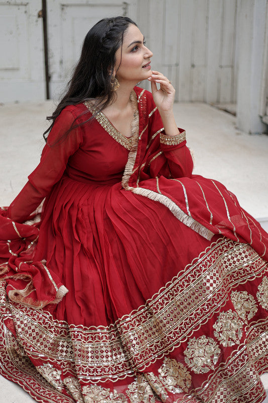 Jyoti Fashion Women's Maroon Faux Blooming Sequins Embroidery Anarkali Dress with Dupatta | Swadesiicart