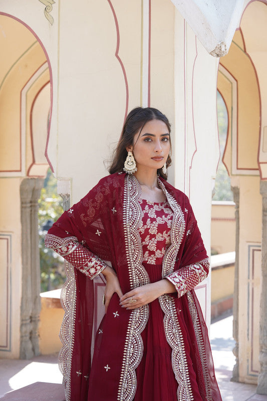 Jyoti Fashion Women's Maroon Faux Blooming Jacquard with Sequins Embroidered Anarkali Dress with Dupatta | Swadesiicart