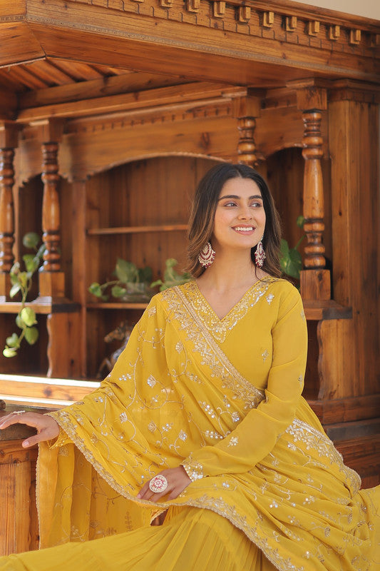 Jyoti Fashion Women's Yellow Faux Georgette Embroidered Partywear Anarkali Dress with Dupatta | Swadesiicart
