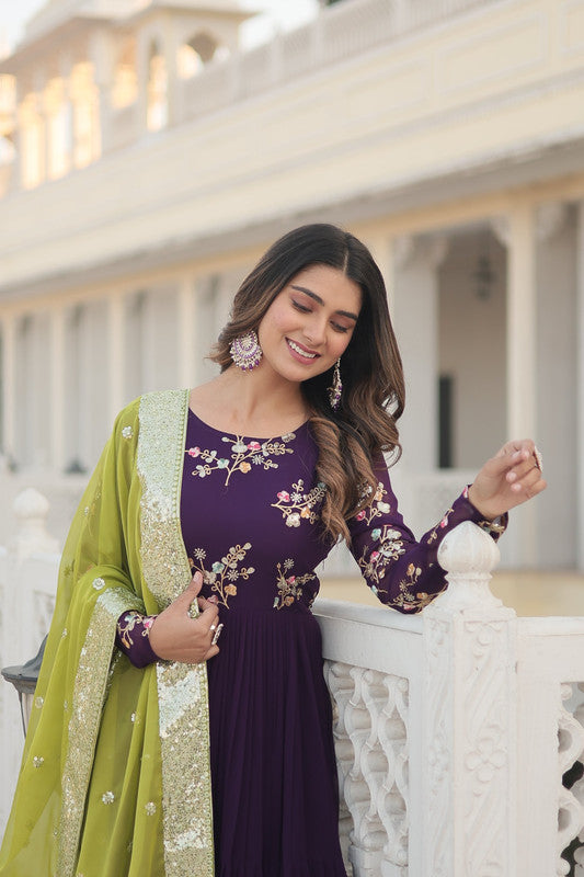 Jyoti Fashion Women's Wine Faux Georgette Sequins Embroidered Partywear Anarkali Dress with Dupatta