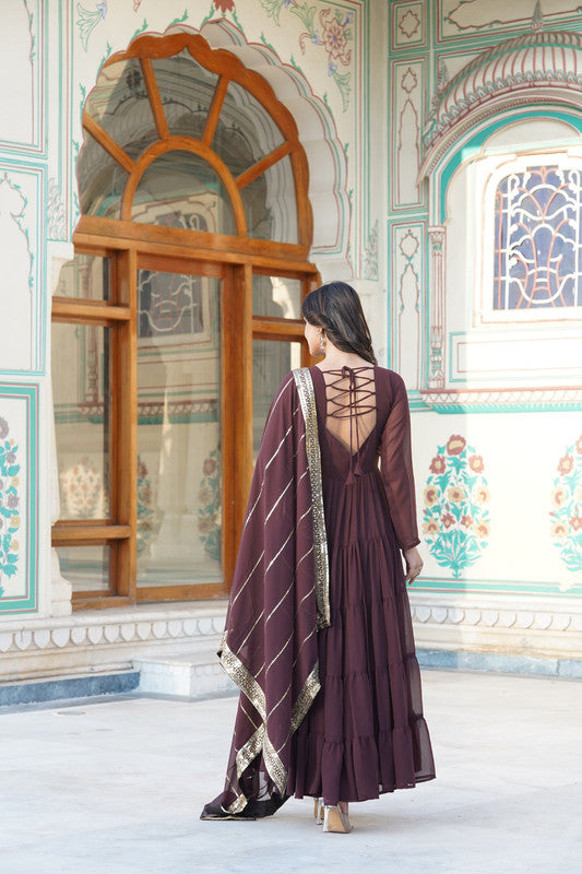 Jyoti Fashion Women's Coffee Faux Georgette Frill Work Partywear Anarkali Dress with Dupatta