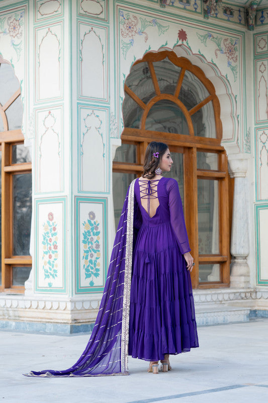 Jyoti Fashion Women's Purple Faux Georgette Frill Work Partywear Anarkali Dress with Dupatta | Swadesiicart