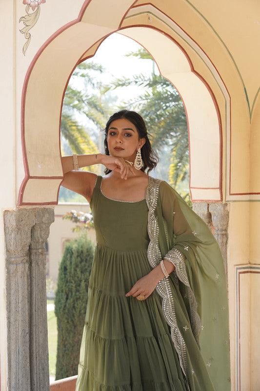 Jyoti Fashion Women's Green Faux Georgette Frill Work Partywear Anarkali Dress with Dupatta