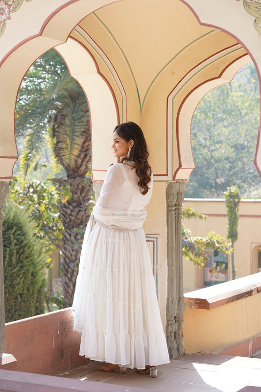 Jyoti Fashion Women's White Faux Georgette Frill Work Partywear Anarkali Dress with Dupatta | Swadesiicart