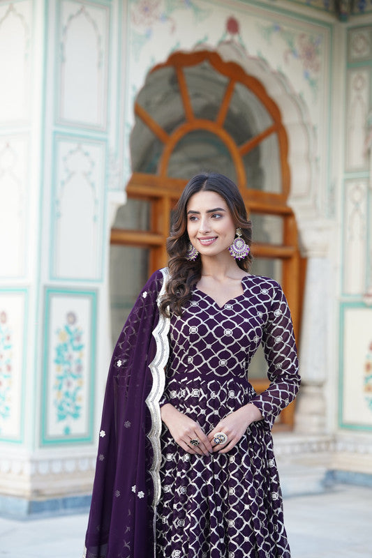 Jyoti Fashion Women's Wine Faux Blooming Sequins Embroidered Partywear Anarkali Dress with Dupatta | Swadesiicart
