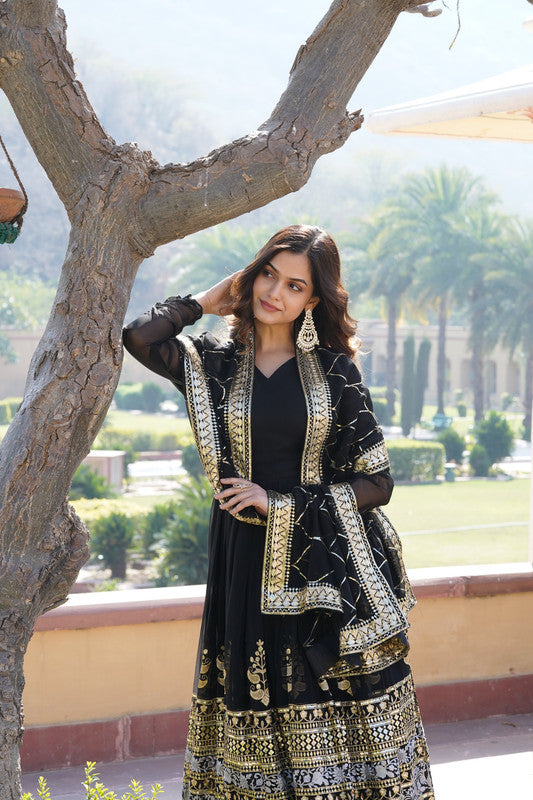 Jyoti Fashion Women's Black Faux Blooming Sequins Embroidered Partywear Anarkali Dress with Dupatta | Swadesiicart