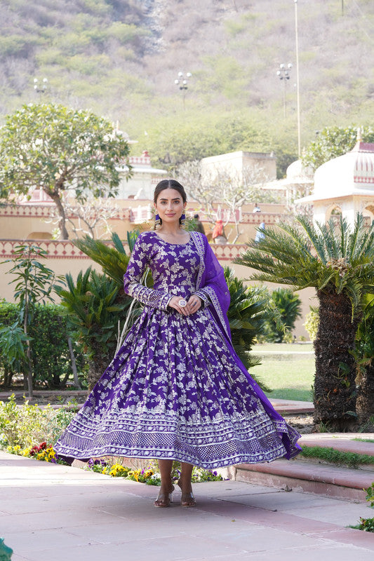 Jyoti Fashion Women's Purple Viscose Jacquard with Sequins Embroidered Anarkali Dress with Dupatta | Swadesiicart