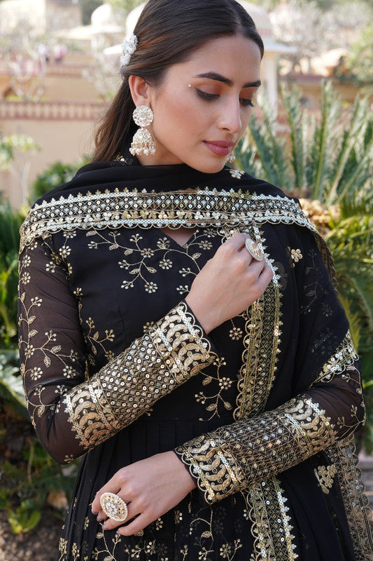 Jyoti Fashion Women's Black Faux Blooming Sequins Thread Embroidered Anarkali Dress with Dupatta | Swadesiicart
