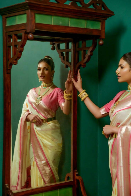 Vishnu Weaves Women's Cream Paithani Silk Zari Woven Saree with Unstitched Blouse - Swadesiicart