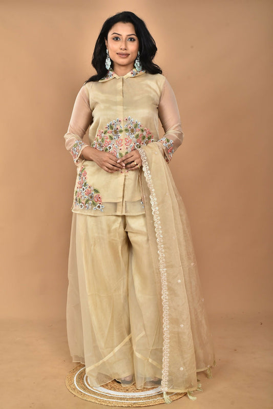 Morchari Women And Hand Embroidery Palazzo Set-Beige - Swadesiicart