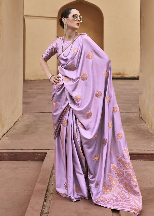 Lilac Purple Pure Satin Zari Weaving Wedding Festive Saree - Emponline | Swadesiicart