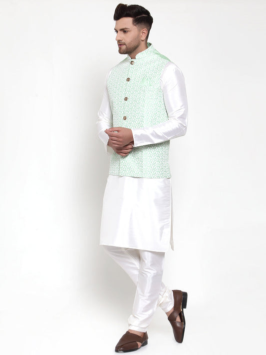 Jompers Men's Solid Dupion Kurta Pajama with Embroidered Light-Green Nehru Jacket | Swadesiicart