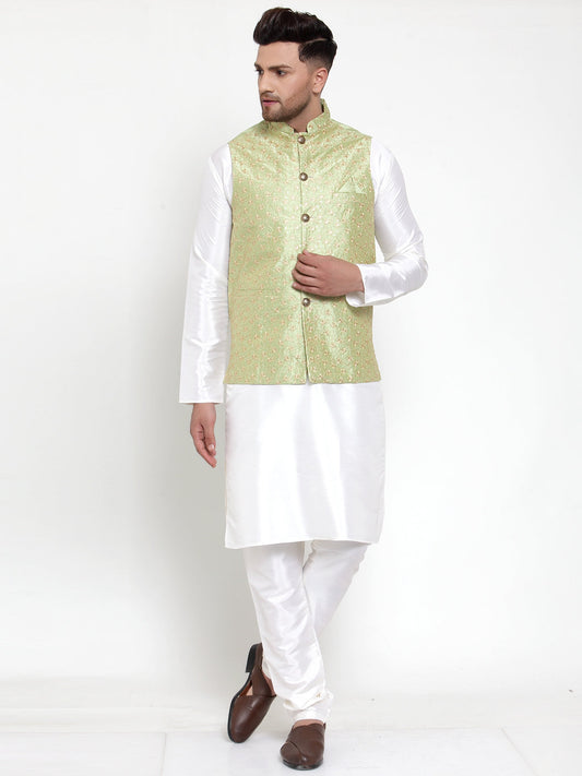 Jompers Men Solid Dupion Kurta Pajama with Embroidered Nehru Jacket (Green) | Swadesiicart
