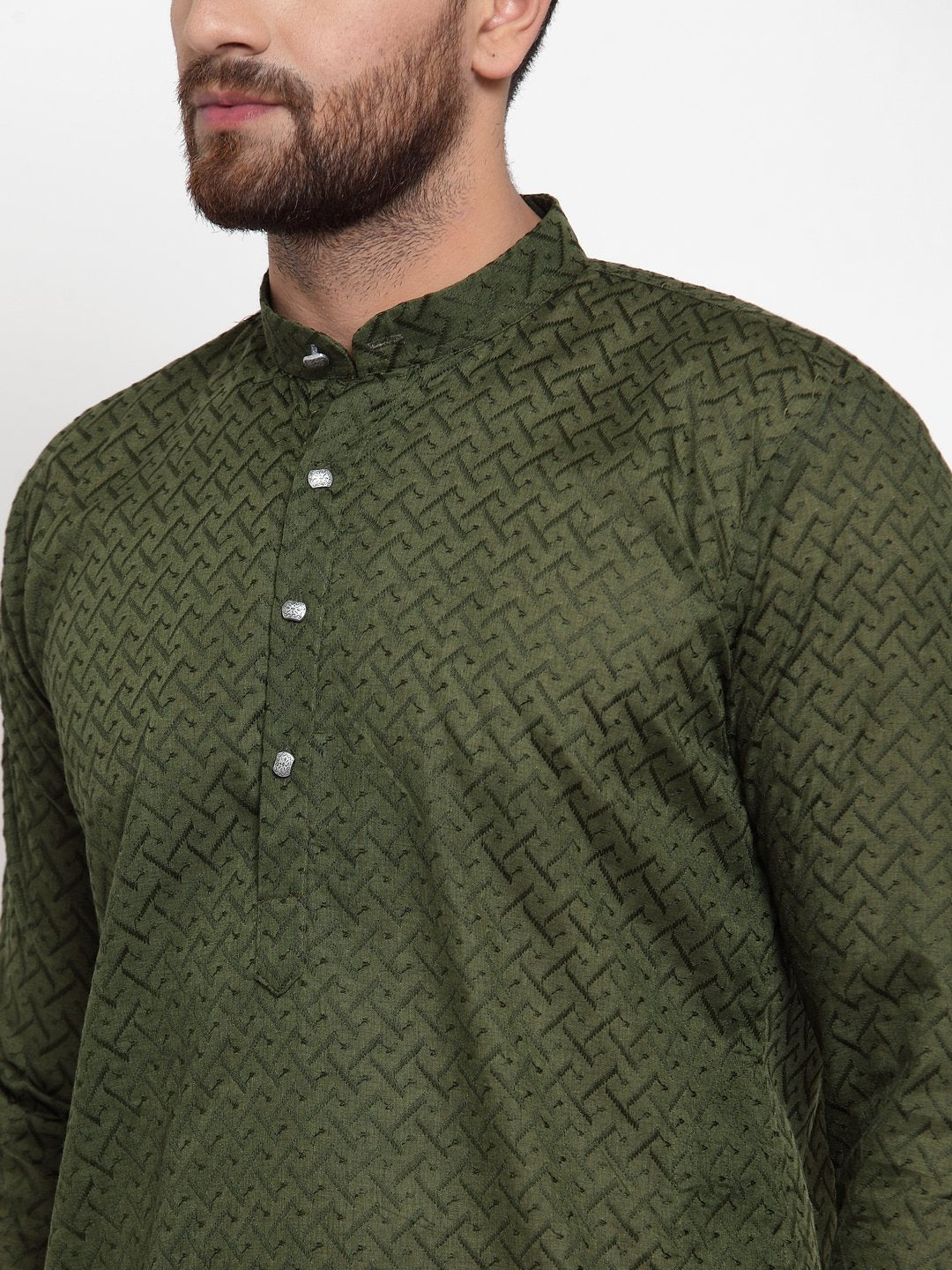 Jompers Men Olive Green Chikan Kurta Only | Swadesiicart
