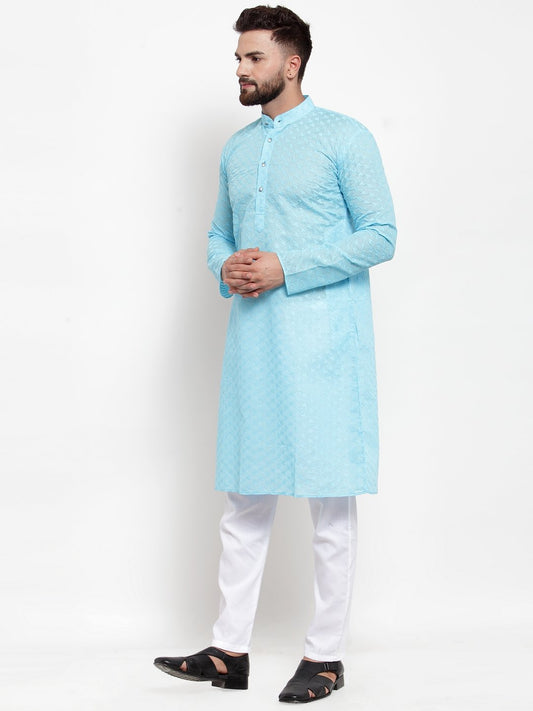 Jompers Men Sky Blue Chikan Kurta Only | Swadesiicart
