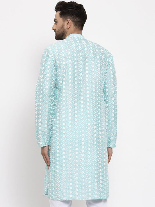 Jompers Men Turquoise Blue Embroidered Kurta Only | Swadesiicart