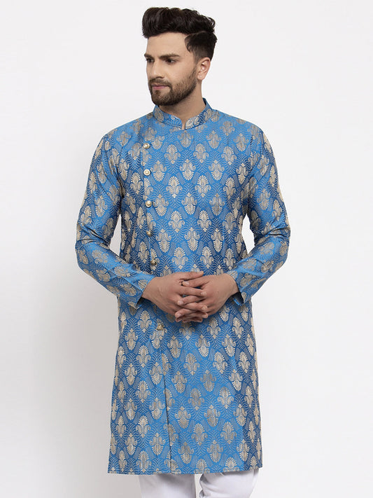 Jompers Men Blue Jacquard Kurta Only | Swadesiicart