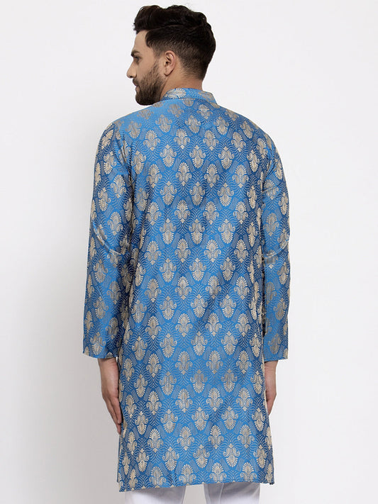 Jompers Men Blue Jacquard Kurta Only | Swadesiicart
